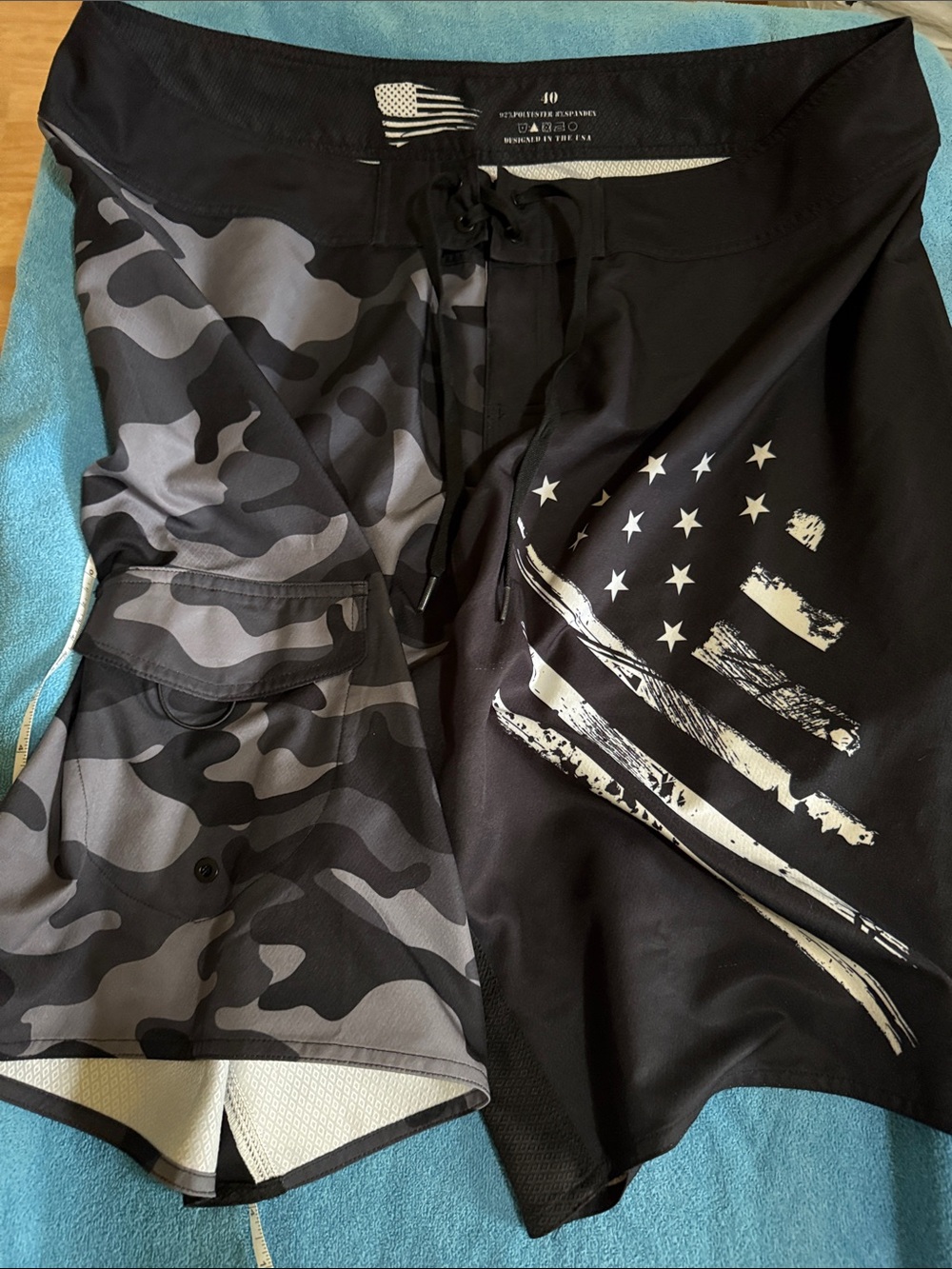 Black & Gray Camo American Flag Board Shorts